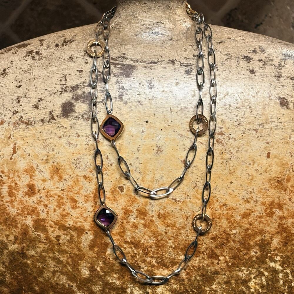 Firenze Two Tone Linked Necklace with Amethyst 38 Inch Made in Italy